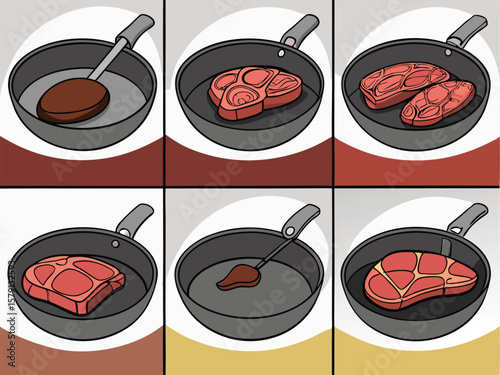Illustration of the meat cooking process in a frying pan on a white background