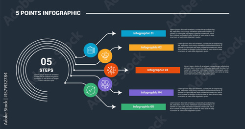 5 stage infographic process diagram with big circle line and long arrow line spreading right direction with dark background bright outline style