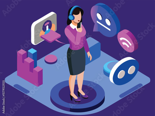 Isometric customer service representative with headset and communication elements