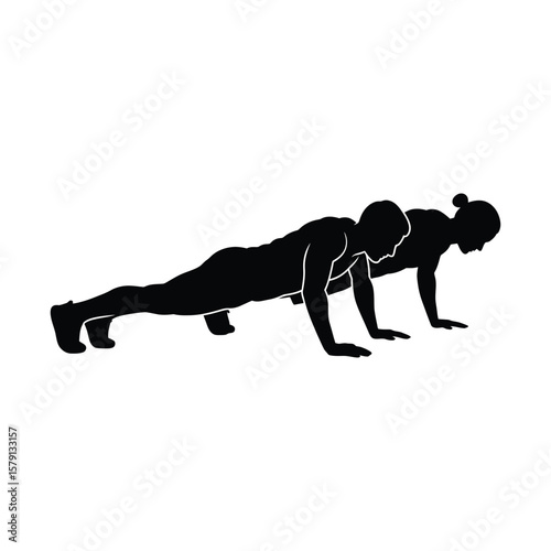 A man and woman are doing pushups together in silhouette isolated on white background, symbolizing fitness and teamwork