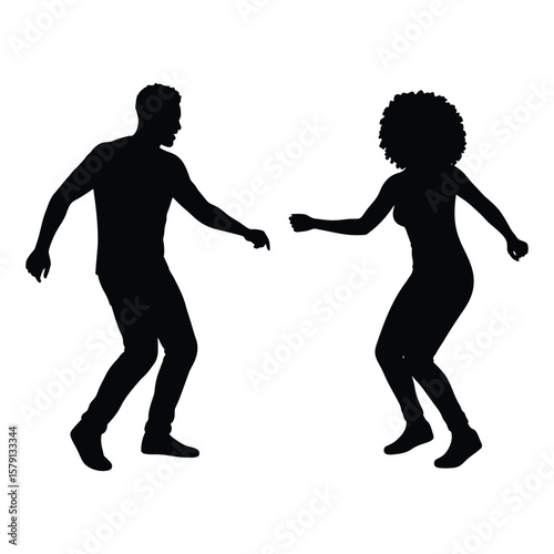 A silhouette of a couple dancing the swing, isolated on white background