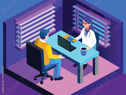 Isometric illustration of a doctor consulting a patient in a medical office