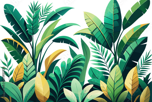 Botanical border made of banana tree and green fan leaves on white background