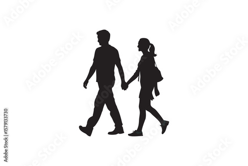 Silhouette of a couple walking hand in hand isolated on a white background representing love togetherness relationships and companionship perfect for romantic or lifestyle themes