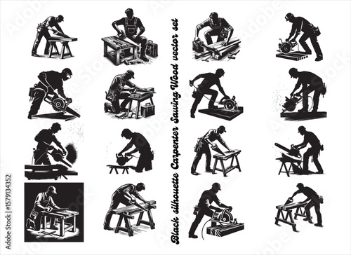 Carpenter Silhouette Using Handsaw or Electric Saw – Wood Cutting Worker Vector Illustration