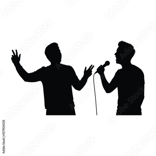 Two silhouetted men are singing into a microphone on stage, isolated on white background