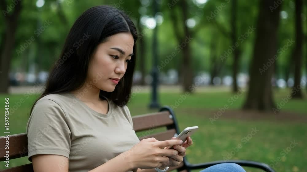 Young Asian Woman Sitting on a Park Bench, Engrossed in Her Smartphone, Surrounded by Lush Green Trees in a Tranquil Outdoor Environment Young Asian Woman Sitting on a Park Bench, Engrossed in Her Smartphone, Surrounded by Lush Green Trees in a Tranquil Outdoor Environment