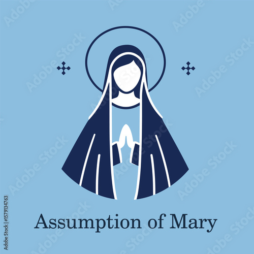 Mary text lettering handwritten and logo for the Assumption of Mary Celebration Day greeting in flat vector style. Virgin Mary icon vector. Assumption of Mary Poster, August 15