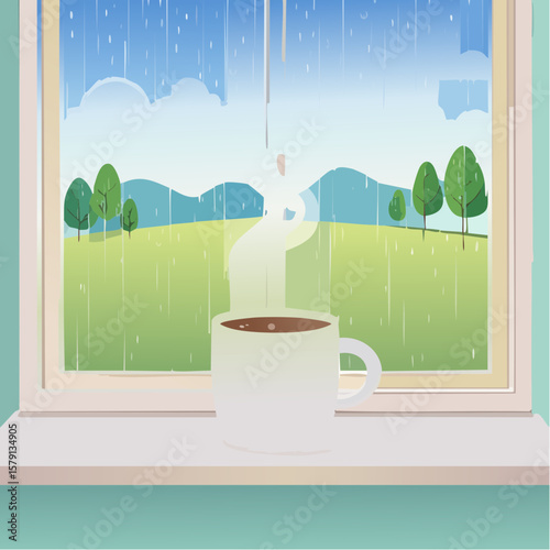 Steaming coffee mug on rainy windowsill, peaceful morning scene