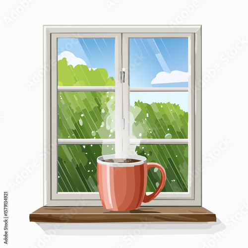 Steaming coffee mug on rainy windowsill, peaceful morning scene