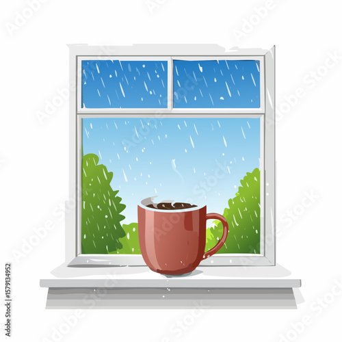 Steaming coffee mug on rainy windowsill, peaceful morning scene