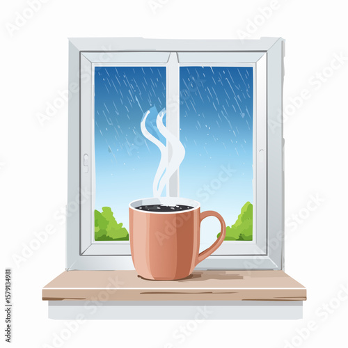 Steaming coffee mug on rainy windowsill, peaceful morning scene