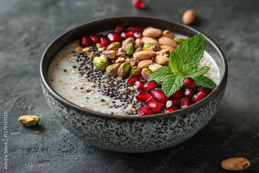 Fototapeta premium Healthy Breakfast Bowl with Almonds, Chia Seeds, and Pomegranate Seeds
