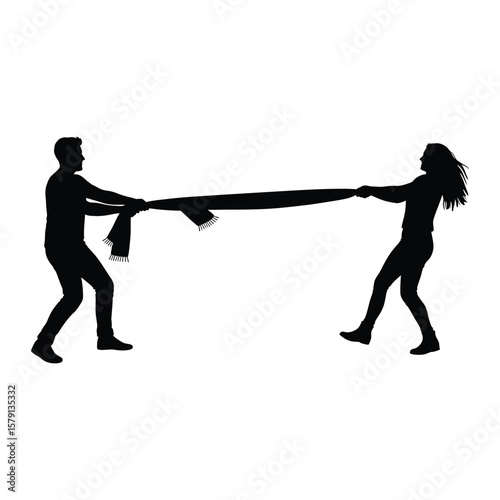 A man and woman are engaged in a tug of war, pulling a rope with great effort, isolated on white background