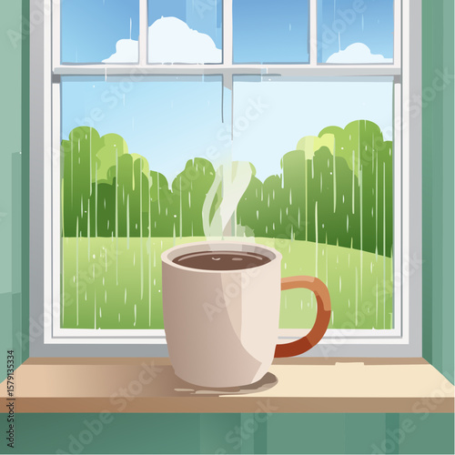 Steaming coffee mug on rainy windowsill, peaceful morning scene