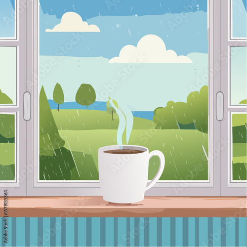 Steaming coffee mug on rainy windowsill, peaceful morning scene
