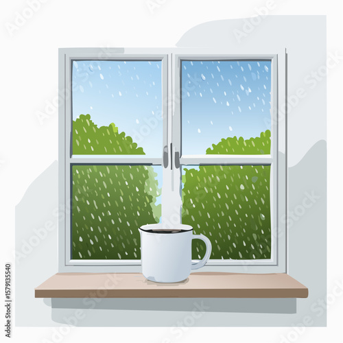Steaming coffee mug on rainy windowsill, peaceful morning scene
