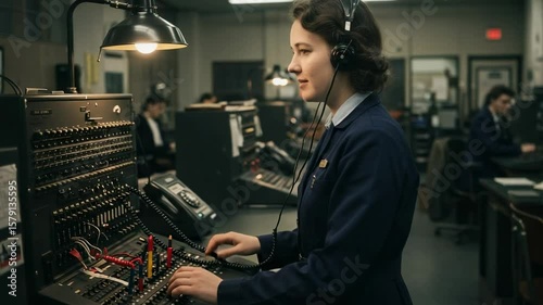 A young woman in a vintage telephone exchange operating a switchboard, showcasing her expertise in telecommunication during the mid-20th century, in a bustling office environment.