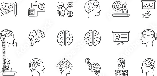 Mind, brain concept line icon set. Vector pictograms of mental processes, learning, creativity, problem-solving, mindfulness, memory, cognitive development, abstract thinking thin