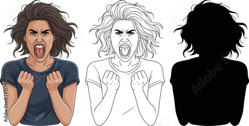 Angry woman screaming vector illustration with line art and silhouette for graphic design needs