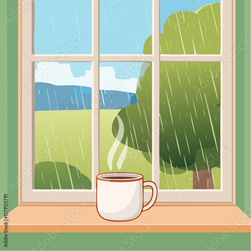 Steaming coffee mug on rainy windowsill, peaceful morning scene