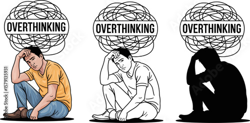 Overthinking illustration showing anxiety and mental health issues with stressed and depressed man concept