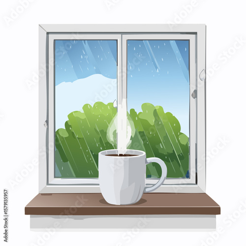 Steaming coffee mug on rainy windowsill, peaceful morning scene
