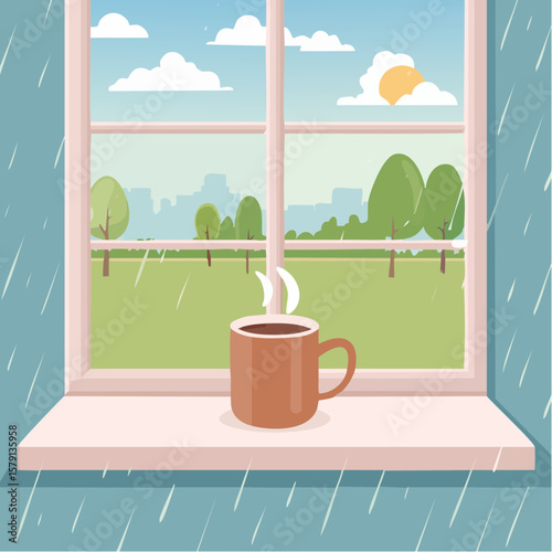 Steaming coffee mug on rainy windowsill, peaceful morning scene