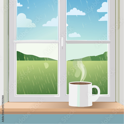 Steaming coffee mug on rainy windowsill, peaceful morning scene
