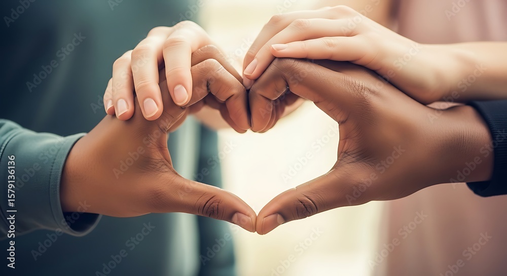 Obraz premium Interracial couple forming a heart shape with their hands, symbolizing love, unity, and connection.