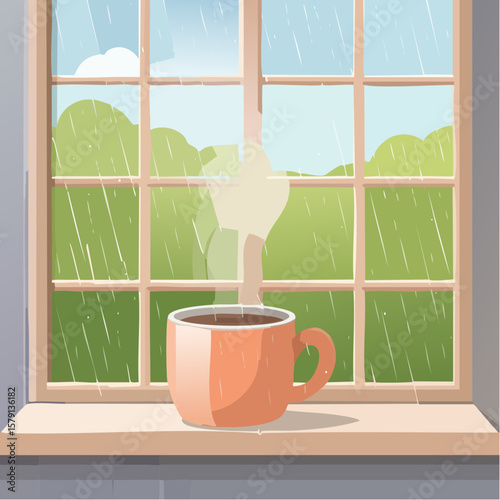 Steaming coffee mug on rainy windowsill, peaceful morning scene
