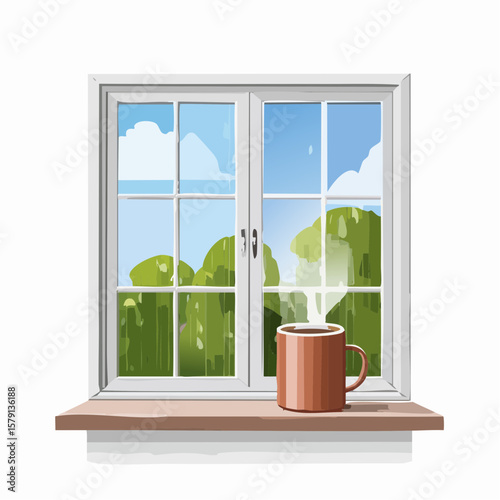 Steaming coffee mug on rainy windowsill, peaceful morning scene