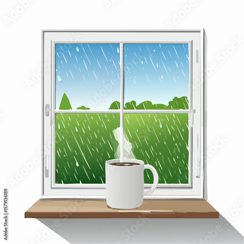 Steaming coffee mug on rainy windowsill, peaceful morning scene
