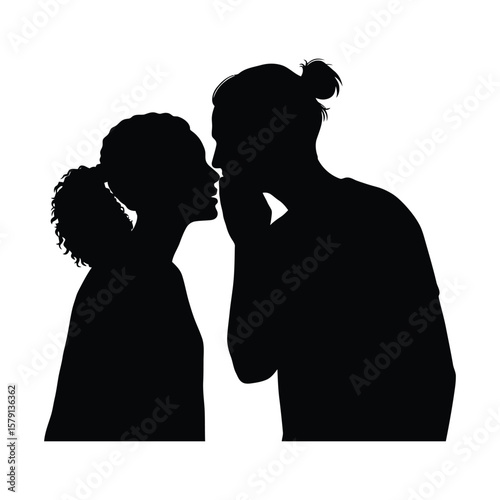 A silhouette of a man whispering a secret into a womans ear, isolated on white background, representing private communication