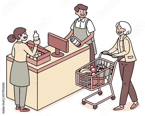 Shopping scene illustration depicting a supermarket checkout with customers and cashier