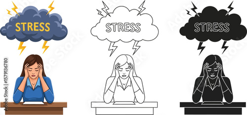 Woman with stress and anxiety illustration vector graphic design for mental health and wellness concept