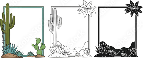 Desert scene frames with cactus and succulents for decoration and invitation design and clip art usage