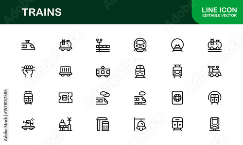 Train transport modern line icon set featuring professional, clean, and minimal vector illustrations. Includes railway, locomotive, and transit symbols.