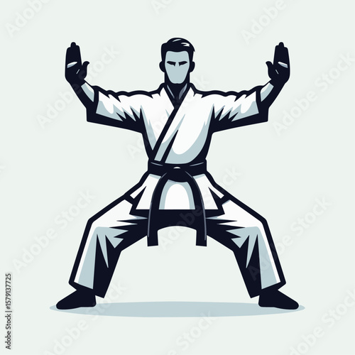 A front pose of male martial artist in a white gi and black belt, standing in a focused stance with arms raised, minimalist vector mascot on white background