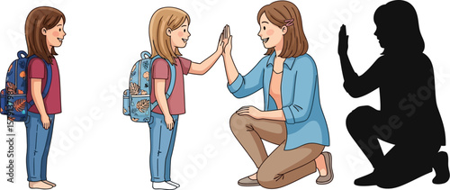 Illustration of mother daughter back to school high five silhouette parenting happy family concept art