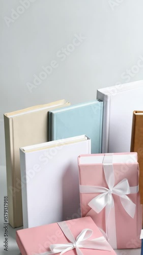 Stack of pastel color books and wrapped gifts with white ribbons on a plain surface for a festive or academic concept.