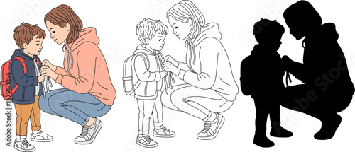 Mother helping son with backpack illustration vector design for back to school and parenthood concept