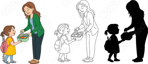 Mother giving lunchbox to daughter back to school illustration vector design template clip art image