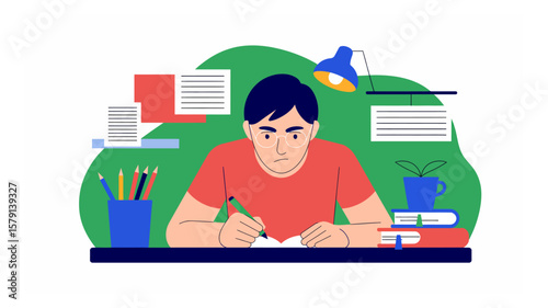 An illustration of a young man concentrating while writing at a desk with books and a lamp, showcasing a focused study environment