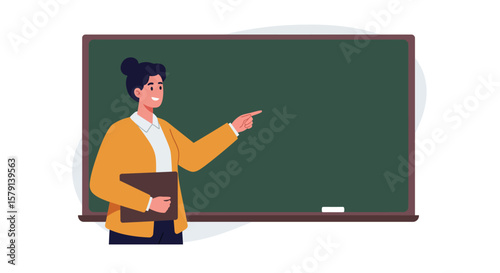 Cheerful teacher with book pointing at a blank green chalkboard in a classroom setting, ready for lesson content and educational presentation