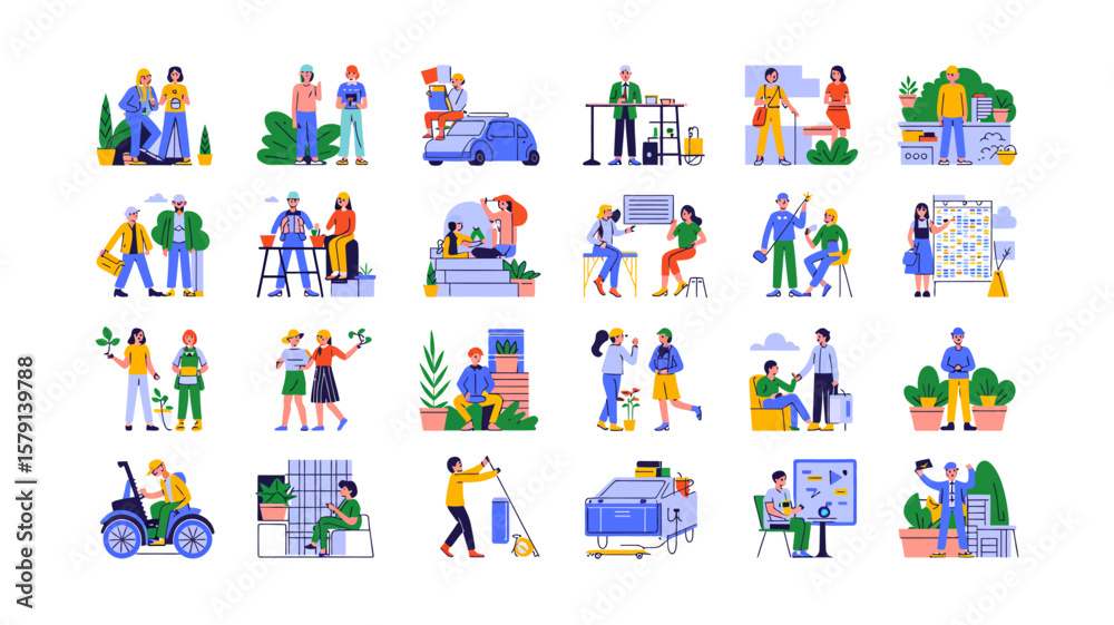Obraz premium Diverse group of people engaging in various activities showcasing modern lifestyles and occupations with colorful flat vector illustrations