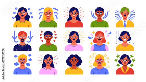 Diverse collection of cartoon characters expressing a range of negative emotions in colorful flat illustrations