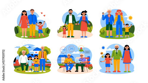 Diverse families and generations spending time together outdoors in a colorful vector illustration of relationships and connection