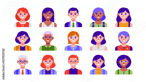 Diverse group of cartoon people portraits showcasing variety in gender, age, and ethnicity with bright and cheerful expressions in a flat vector style