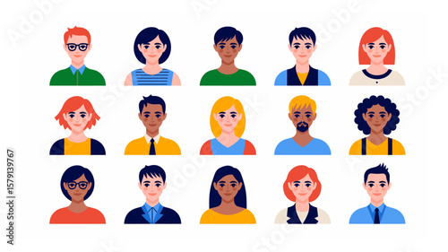 Diverse group of people avatars representing various ethnicities and professions in a vector flat design illustration, demonstrating inclusivity and community